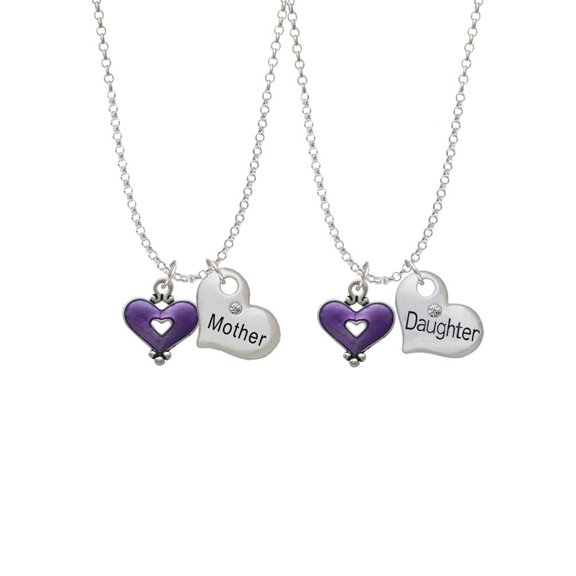 Delight Jewelry Silvertone Hot Purple Enamel Heart with Cutout Mother & Daughter Heart Necklaces (Set of 2), 19" 2"