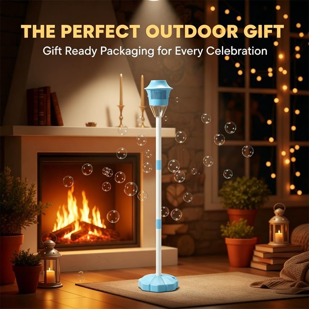 Standing Automatic Bubble Machine with Light: Rechargeable Bubble Tower with Music - 3 Adjustable Heights Street Lamp Bubbles Maker for Outdoor Garden, Patio, Wedding, Party (red & Blue)