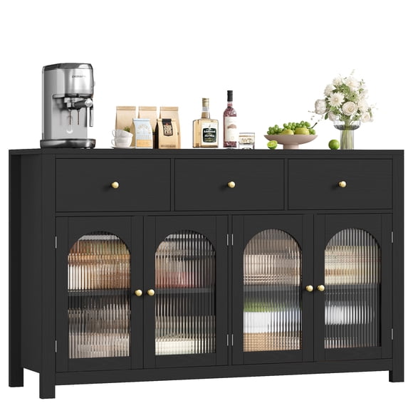 Homfa 55'' Large Sideboard Buffet Cabinet, Kitchen Storage Cabinet with 3 Drawers and 4 Glass Doors, Wood Coffee Bar Cabinet for Living Room， Black