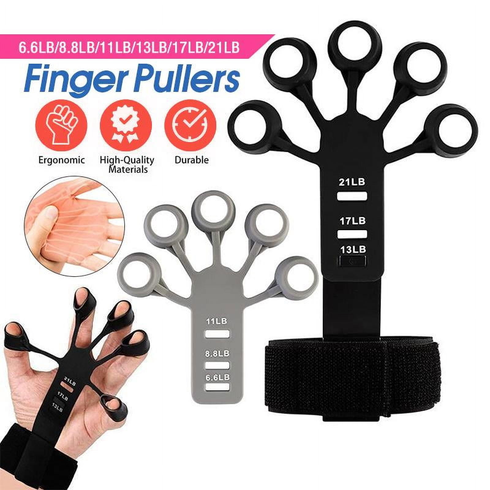 Finger trainer, wrist tension device, 6 wristbands, and 6 trainers (3 gray and 3 black)