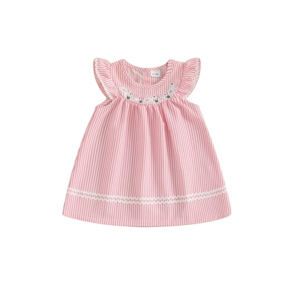 Kids Toddler Little Baby Girl Easter Bunny Dress Puff Short Sleeve Stripes Smocked Dresses Easter Outfit Summer Princess Dress
