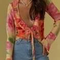 thumbnail image 2 of Mujeres Ruffle Crop Tops Tie Front Mesh Summer T-shirt Casual Sweet Fashion Blusa FLhrweasw Nuevo, 2 of 9