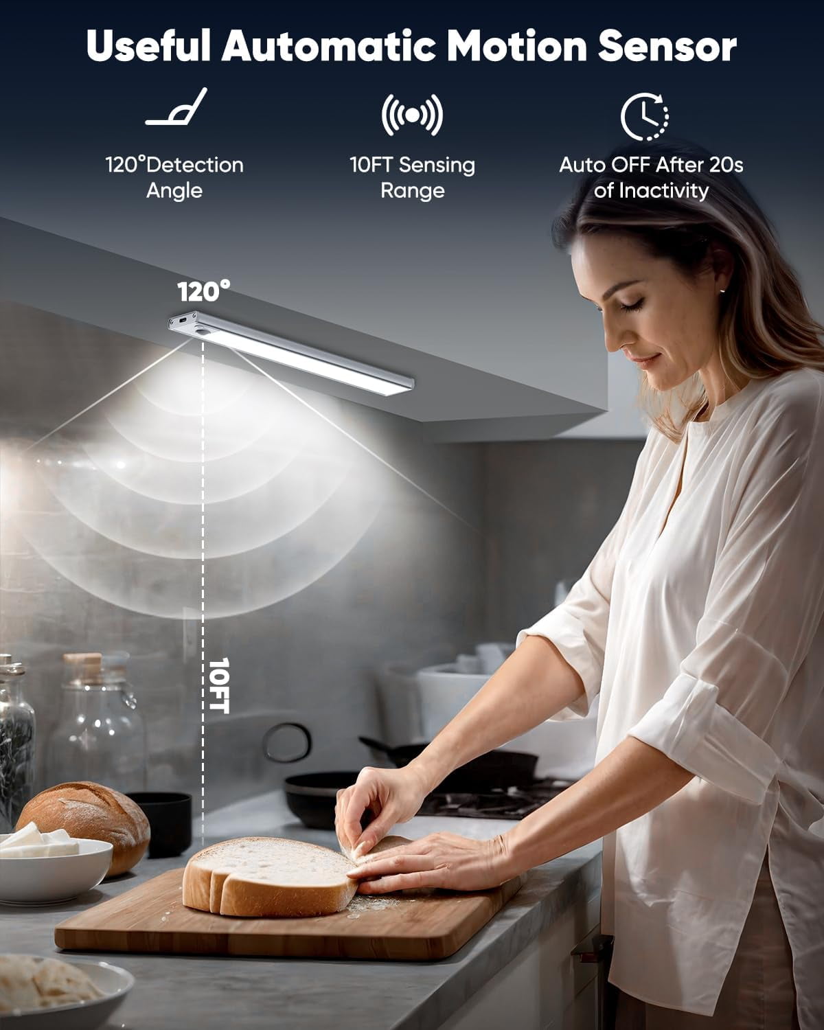 Under Cabinet Lighting, 10 Inch LED Battery Operated Rechargeable Motion Sensor Lights Indoor, 2200mAh Magnetic Wireless Closet Light, 6500K Dimmable Counter for Kitchen, Stair, 3 Packs