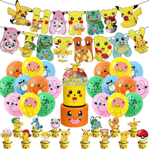 Cartoon Pikachu Theme Party Supplies, Birthday Decorations Set Include Banner, Balloons, Hanging Swirls, Cake Cupcake Toppers, Tablecloth for Boys Girls Theme Party