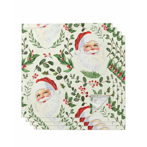Christmas Santa Cloth Napkins Set of 4, Xmas Botanical Berry Winter Washable Reusable Dinner Cocktail Napkin for Kitchen Party Wedding Banquet Holiday Baby Shower Table Decor