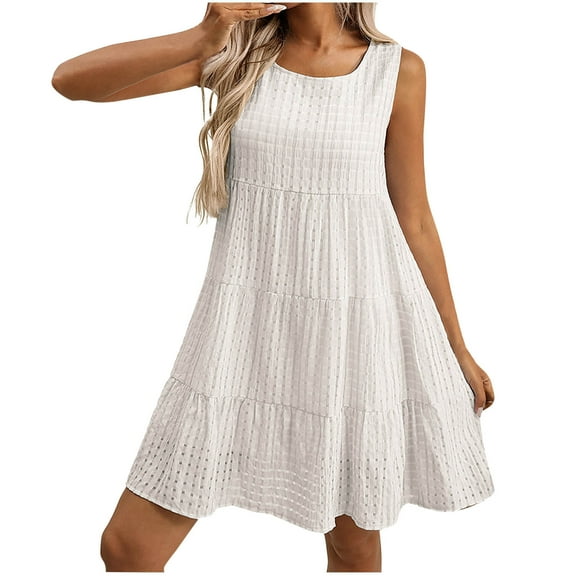 biudgviw Casual Dresses for Women Sleeveless Plaid Mini Dress Loose Elegant Crewneck Smock Flowy Tank Dress Going Out Outfits