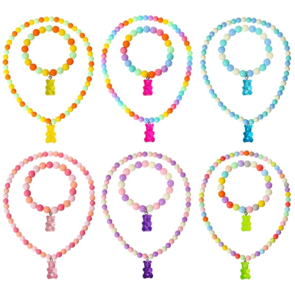 PinkSheep 12Pcs Jewelry Set, Multicolor Bears Pendant Beaded Necklace Bracelet Jewelries for Dress up