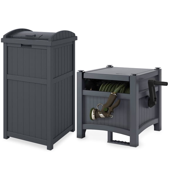 Suncast 100' Resin Garden Hose Reel & Hideaway Outdoor 33 Gal Garbage Bin, Cyberspace