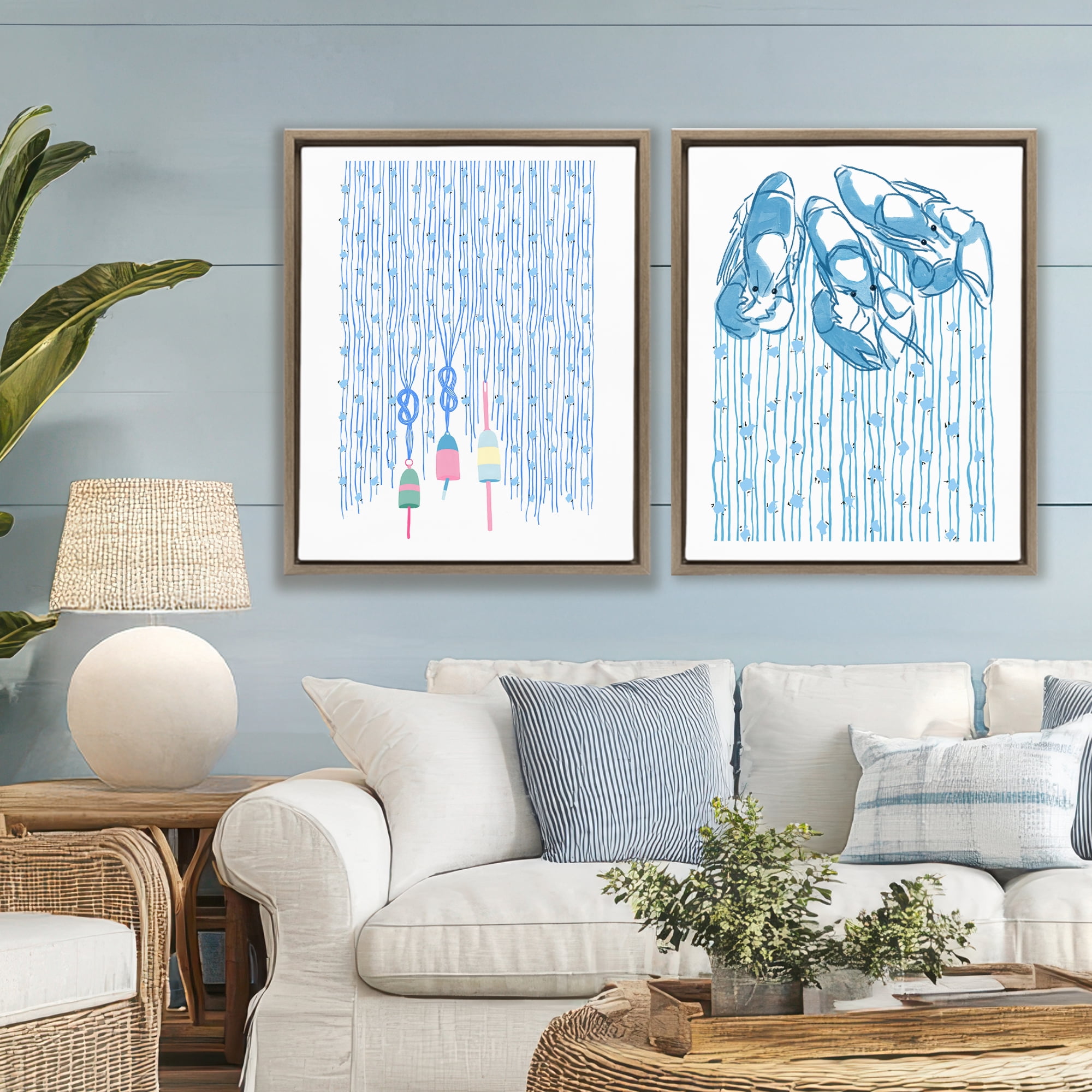 Stupell Industries Nautical Buoys & Lobsters 2 Piece Brown Framed Floater Canvas Set, design by Melissa Tilley