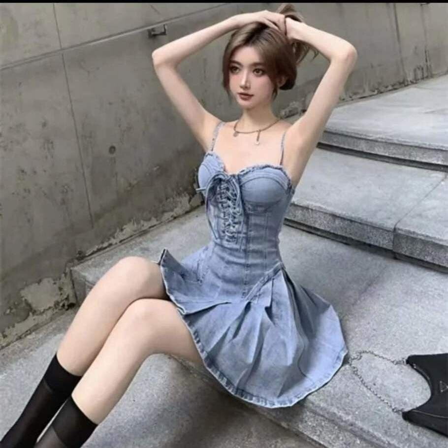 Streetwear robe en Denim Sexy a bretelles tenue Chic et elegante pour femmes Vintage Mini robe de patineuse gothique Y2K ete Walmart