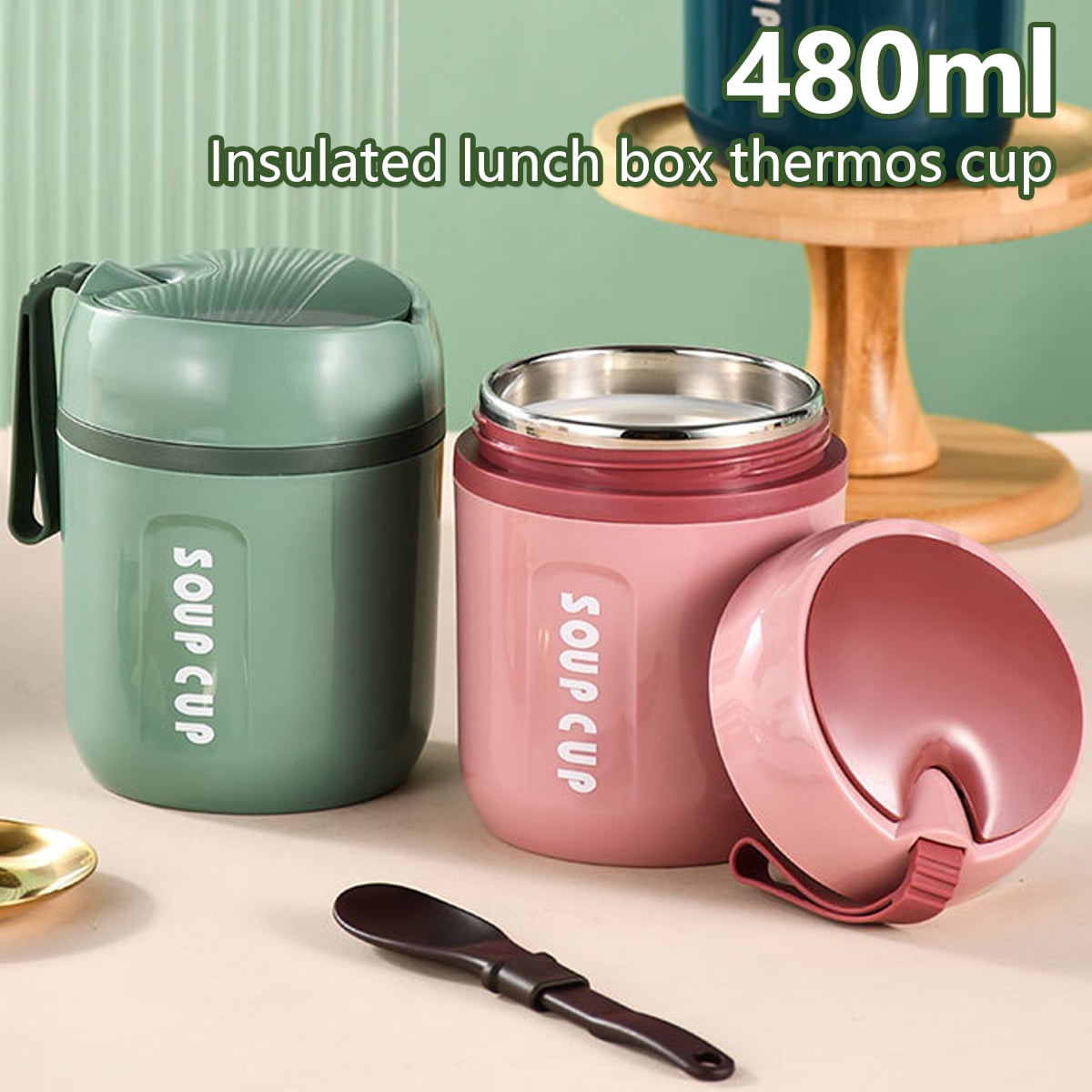 Vacuum-Insulated Food Jar with Spoon,16.2 oz Food Thermos Hot Food Flasks Vacuum Insulated Lunch Thermos Leakproof Food Jar Portable Thermal Soup Bowl