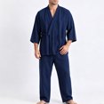 thumbnail image 2 of YUANxueke Mens Cotton Kimono Pajama Sets 3/4 Sleeve Tie Front Shirt & Pants 2-Piece Sleepwear Outfits, 2 of 4