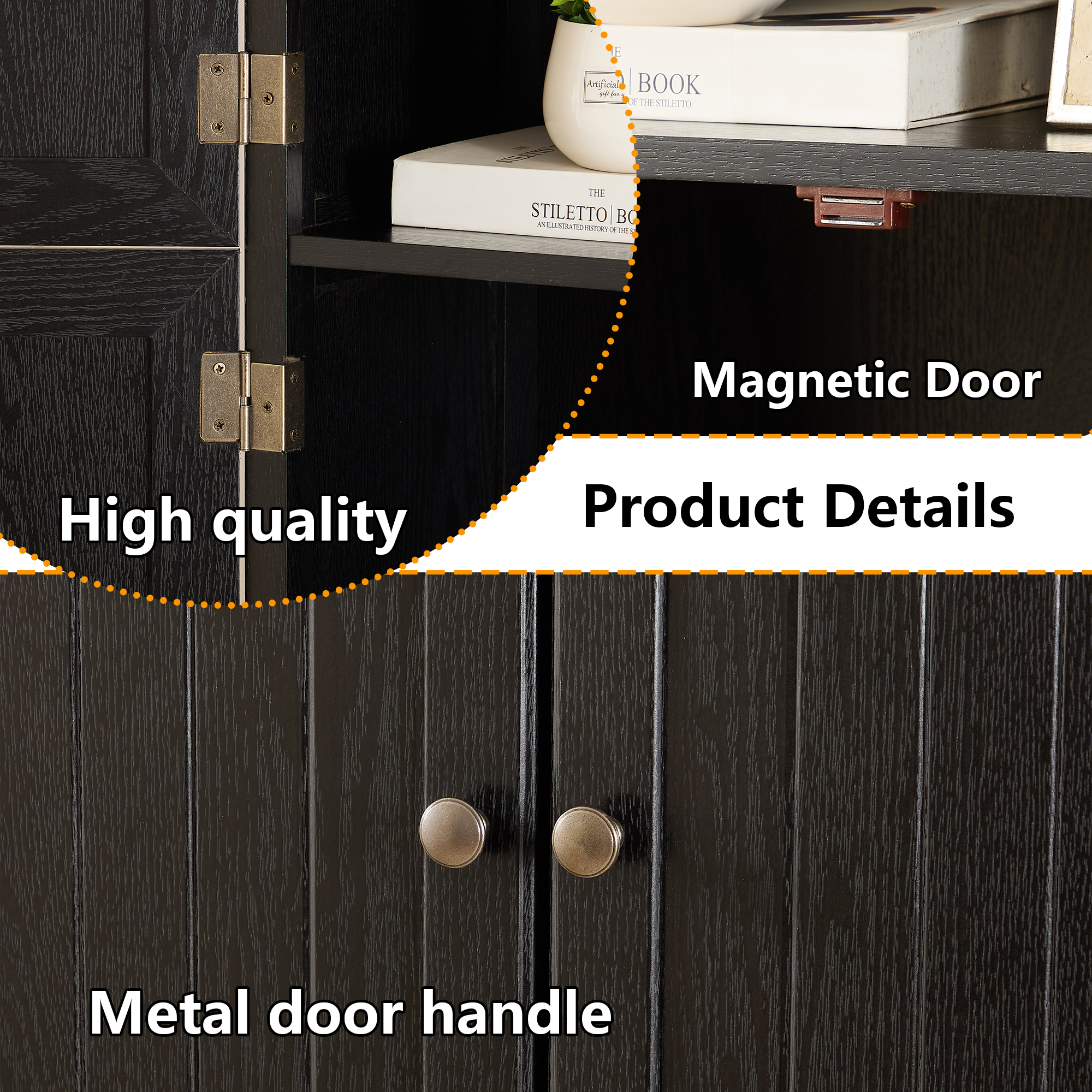 MDQMD 72.4'' Tall Storage Cabinet with Doors for Living Room,Kitchen Pantry Storage Cabinet,4 Tier Black Wooden Cabinet for Bathroom,Hallway