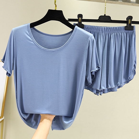 Uqiangy Pajama Set Bamboo Pajamas for Women Summer Pajamas for Women Soft Pajamas Set Cotton Pajama Shorts Sets for Women Blue XL