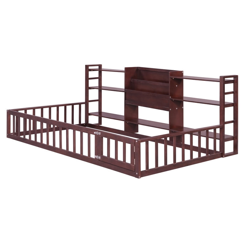 Twin Size Floor Bed with Integrated Bookcase and 3-Tier Storage Shelves, Low Profile Wood Toddler Bed Montessori Bed with Safety Guardrails for Boys Girls