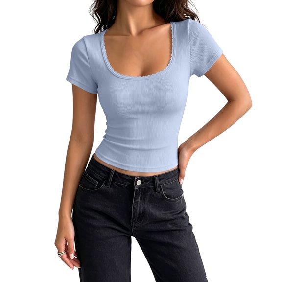 IYYVV Women's Short Sleeve Tops Summer Lace Trim Square Neck Slim Fitted Going Out Basic Tee Shirts Y2K Clothes 2026 Light Blue XL