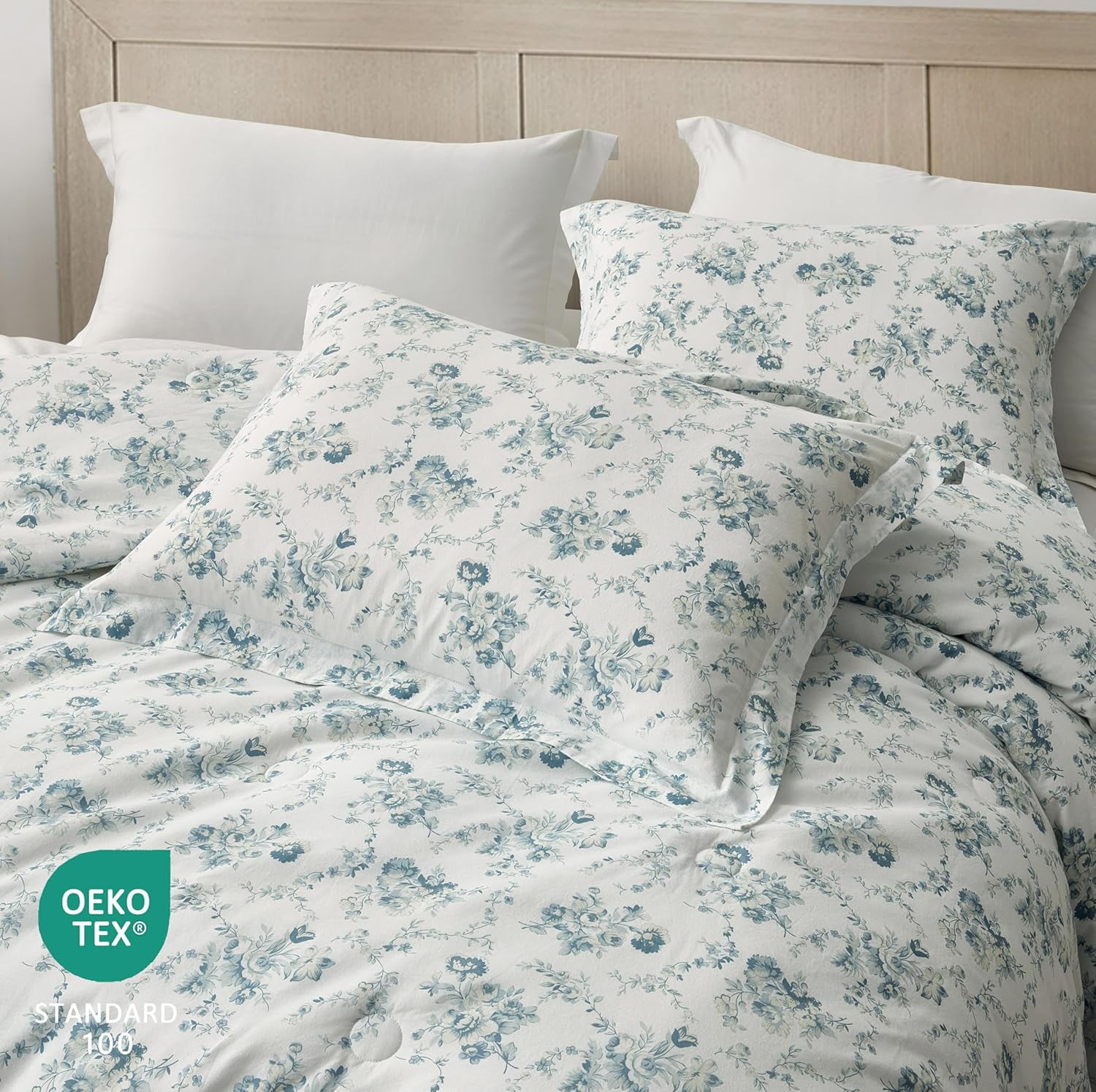 Chezmoi Collection Gigi 2-Piece Washed Cotton Comforter Set Twin Size, Elegant Blue Ivory White Floral Printed Bedding Set Reversible Lightweight Comforter for All Season
