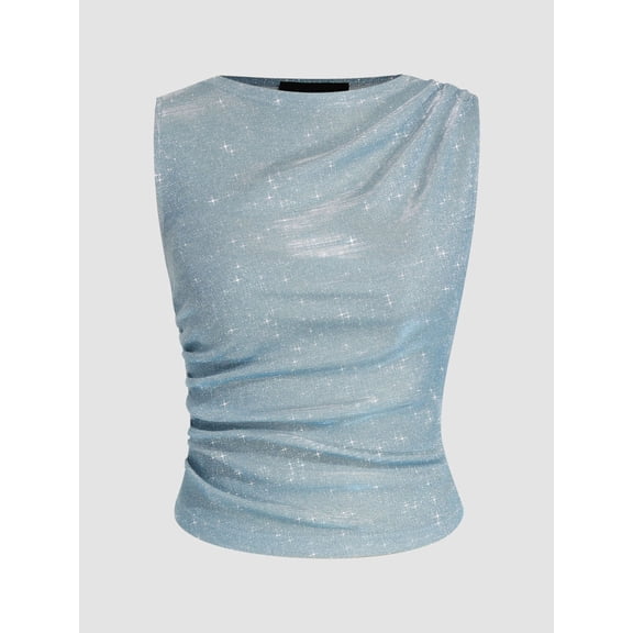 Women's Summer Sparkle Sequins Tank Top Crew Neck Ruched Asymmetrical Glitter Cami Streetwear