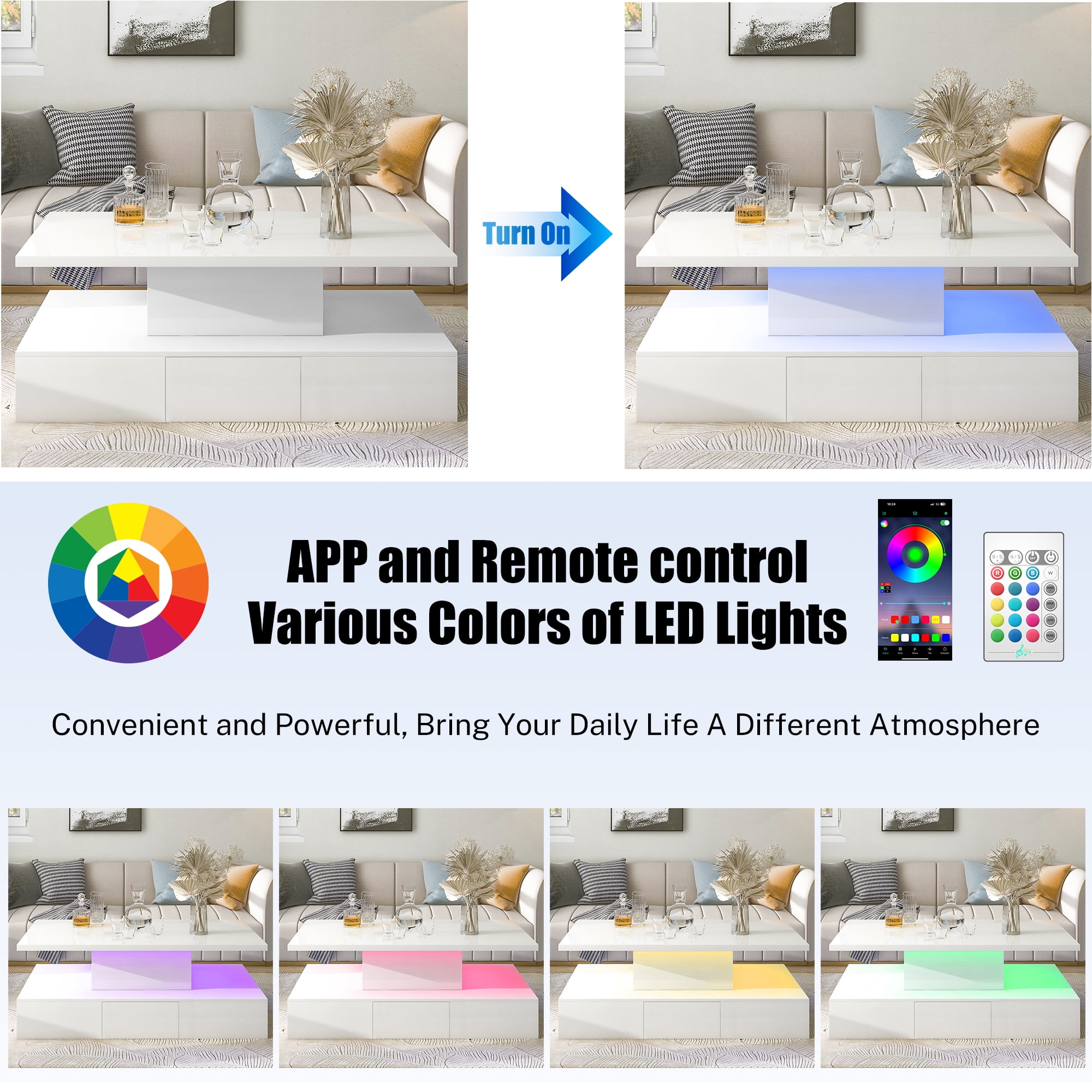 White LED Coffee Table for Living Room, PAPROOS Modern High Glossy Center Table with 4 Drawers, Smart Cocktail Table Rectangle, Sofa Side Tea Tables with LED Lights, 41"L×25"W×16"H