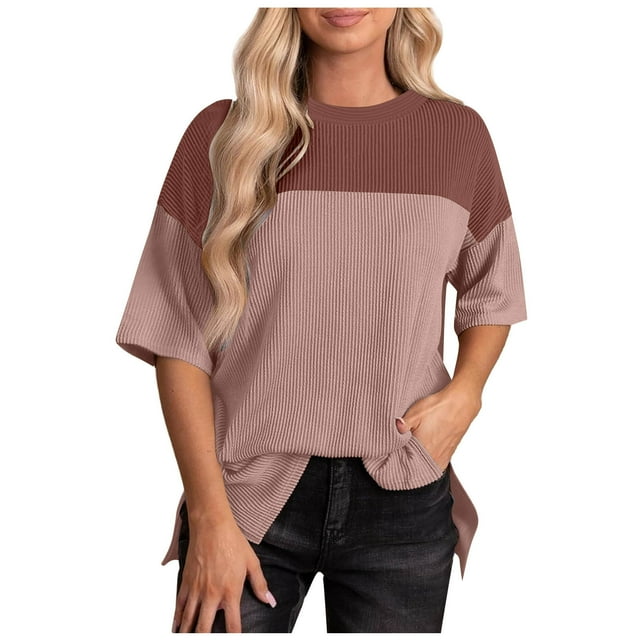 Frostluinai Oversized Tops for Women Crew Neck Ribbed Knit Blouses Short Sleeve Drop Shoulder Tshirts Color Block Loose Tees Slit Hem Shirts