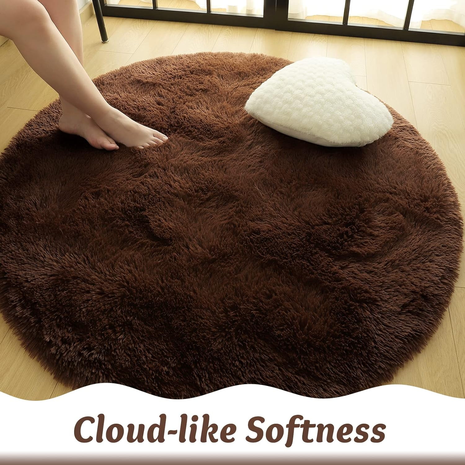 Junovo Round Fluffy Area Rugs For Kids Girls Princess Castle Plush Shaggy Carpet Cute Circle Nursery Rug For Kids Room Bedroom Living Room,4'x4',Coffee