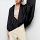 thumbnail image 5 of Chaqueta Abullonada para Mujer, Casual, con Mangas de Murciélago, Cuello Solapa, Cremallera, Chaquetas Urbanas Plisadas de Gran Tamaño Negro S, 5 of 10
