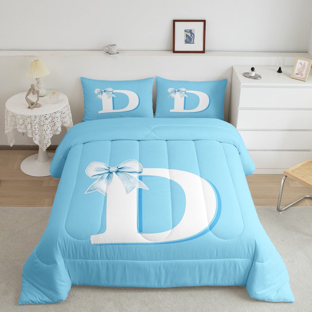 Erosebridal Personalized Letter D Bedding Queen Comforter Set,Monogrammed Theme Down Comforter,Ribbon Bow Knot Bedding Sets Queen with Comforter,Ultra Soft Bedroom Decor,3 Pieces