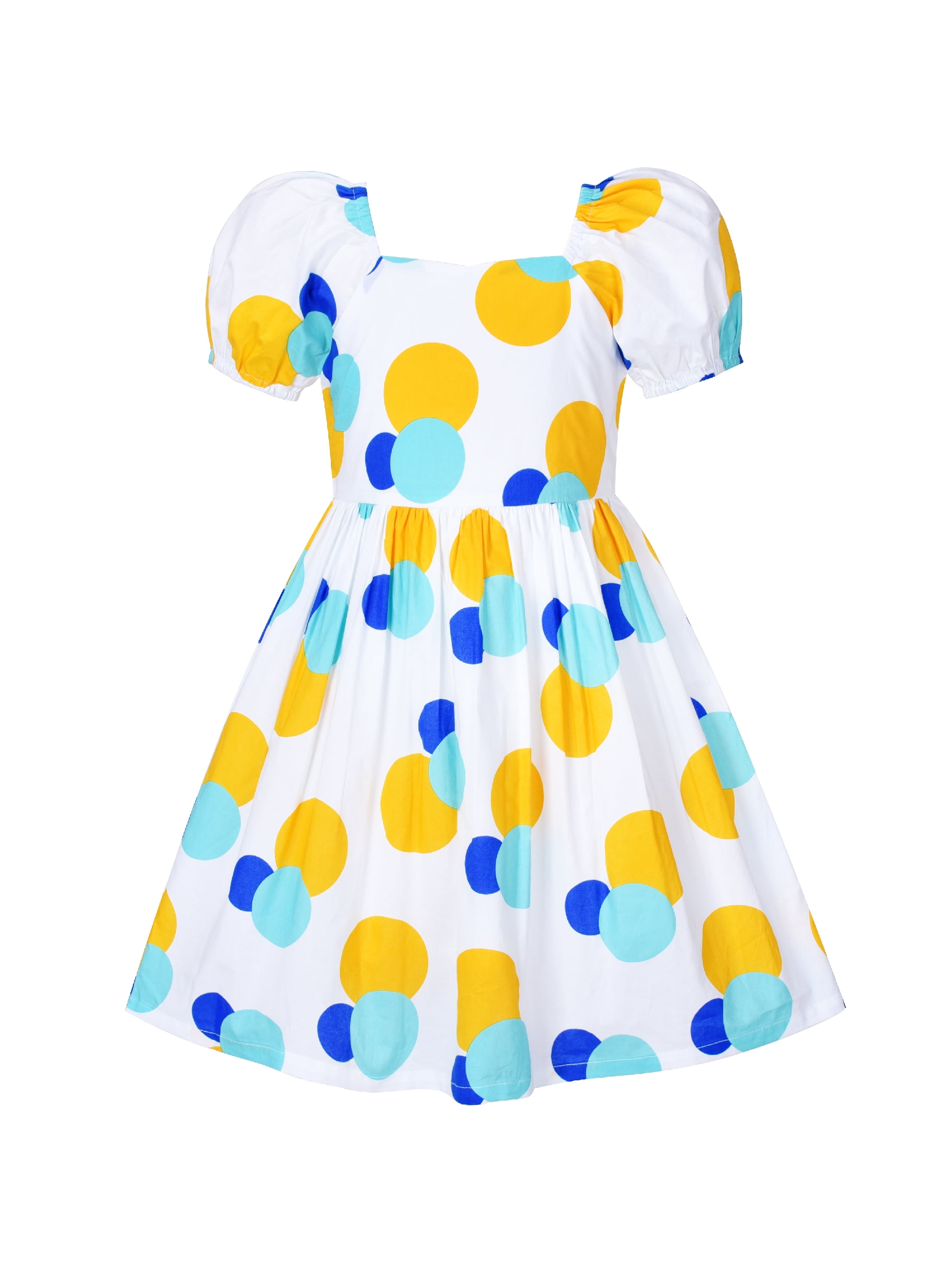 blue dress with yellow polka dots Polka dots yellow on blue Fabric, Raspberry Creek Fabrics main image 1