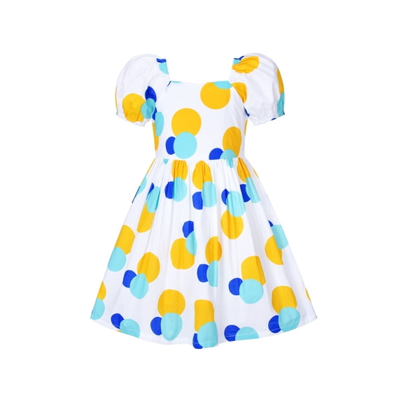 Girls Dress Vintage Short Sleeve Blue Yellow Polka Dot Cotton Casual 4 Years