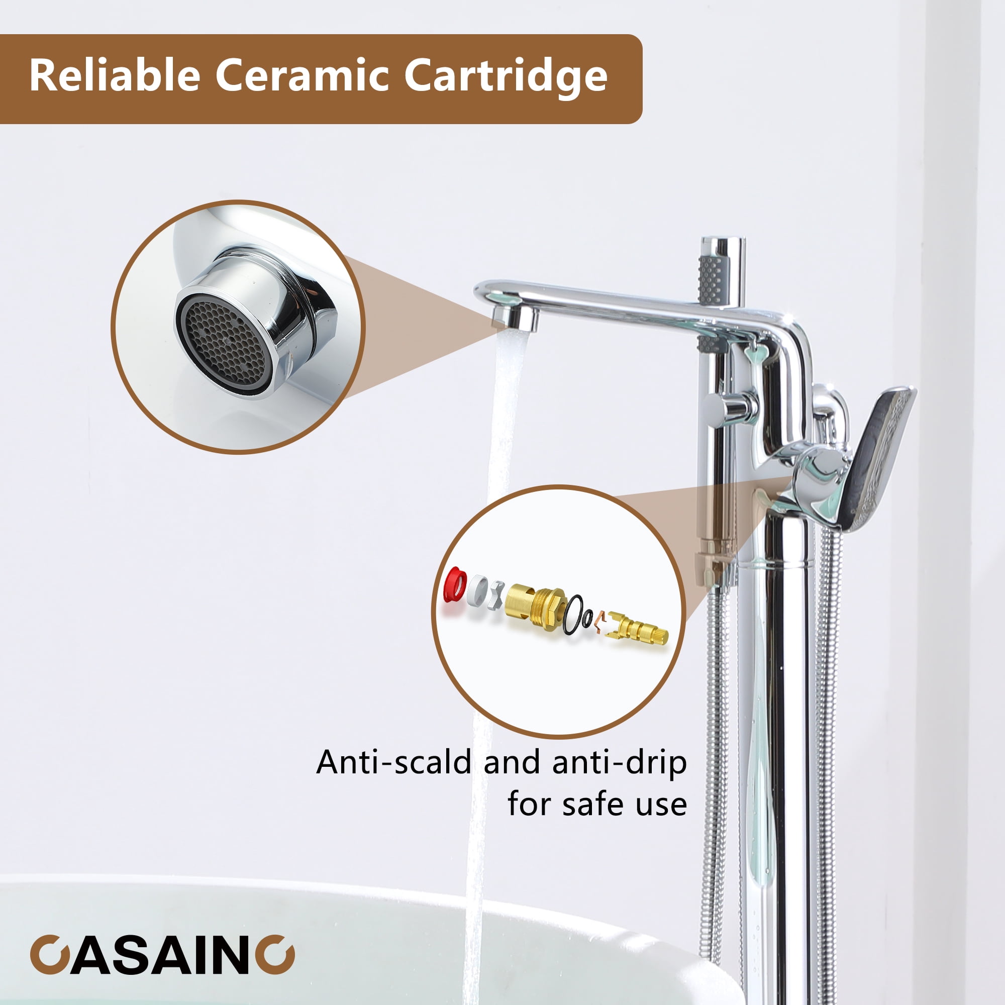 CASAINC Single-Handle Modern Floor Mount Freestanding Bathtub Faucet with Handheld Shower in Chrome Plated