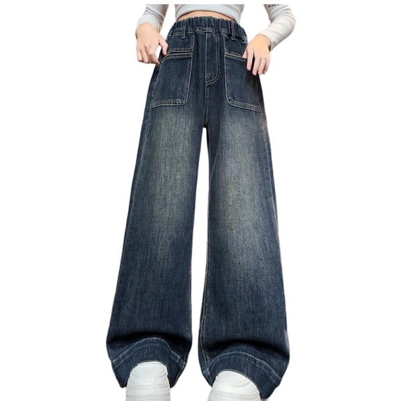 Atogsazn Children Girls Wide Leg Denim Pant Kids Casual Baggy Jeans Elastic Waist Pant Trouser with Pocket 04-Blue 10-11 Years Fashion