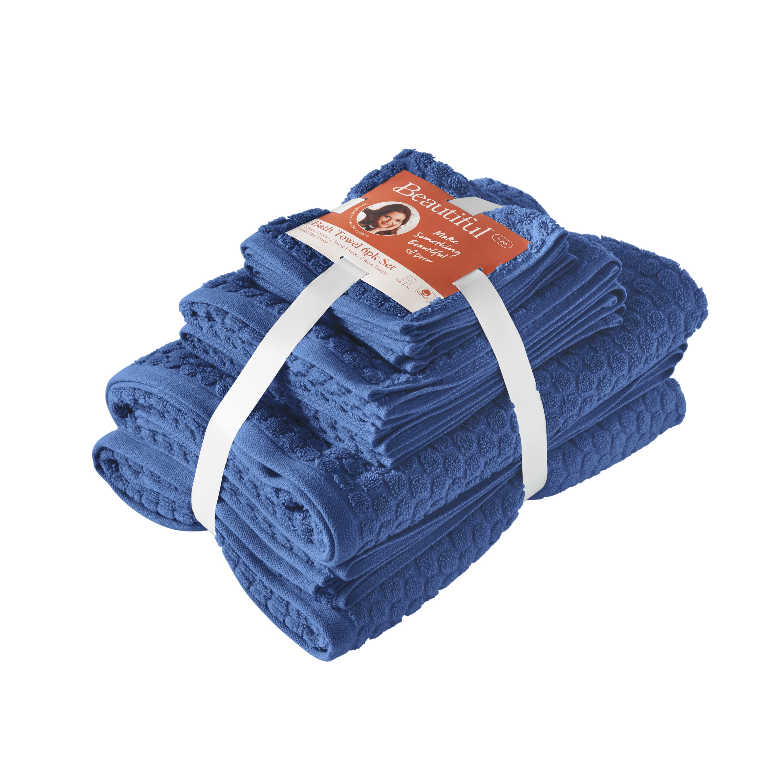 Beautiful by Drew Barrymore 6-Piece Dot Bath Towel Set, Soft 100% Cotton, Nightshadow Blue