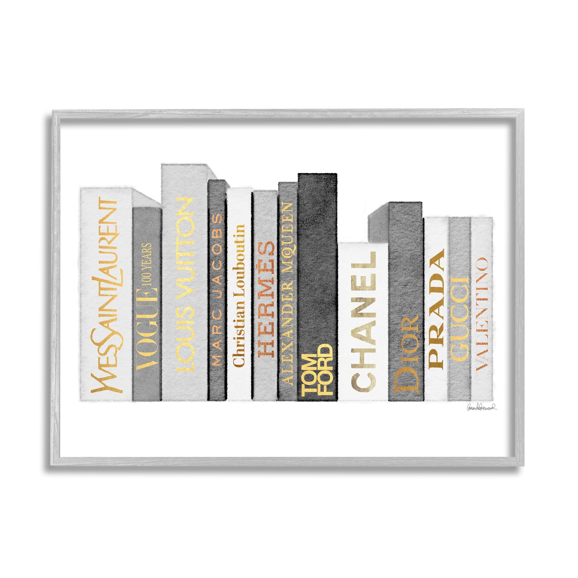 Stupell Industries Horizontal Fashion Book Stack Glam Grey Gold White, 30 x 24, Design by Amanda Greenwood