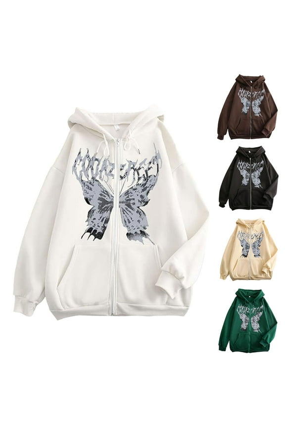 Women Men Y2K Zip Up Oversized Hoodie Skeleton Butterfly Gothic Emo Grunge Jacket Alt Graphic Baggy Dark Academia 90s (Black, L)