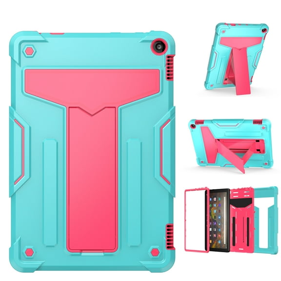 Kidsproof Case for Kindle Fire HD 10.1" 11th Gen 2021, Fire HD 10 Plus 2021 Cover for Children, Allytech Dual Layer Hybrid Protective Defender Heavy Duty Rugged 2-Angle Kickstand Case,Aqua Rose