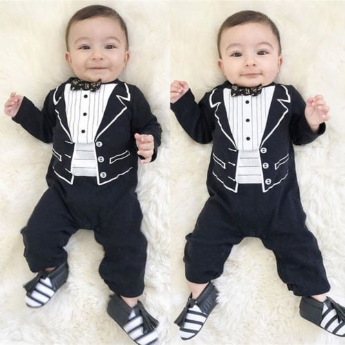 Newborn Baby Boys Gentleman Romper Clothes Suit Bowtie Tuxedo Jumpsuit Overall