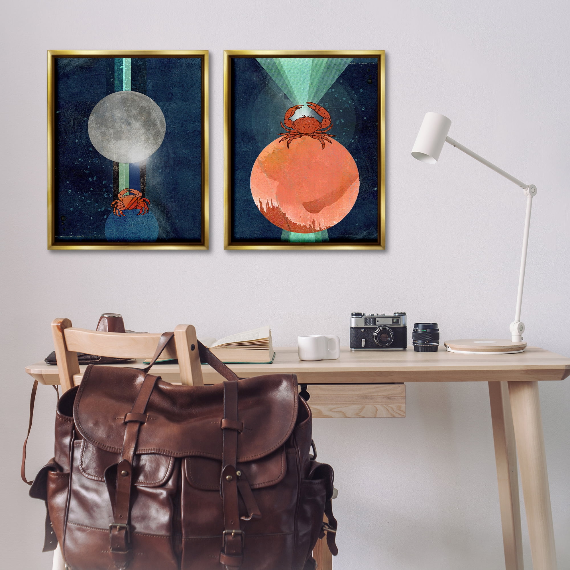 Stupell Industries Crab Orbs Light Rays Nautical & Beach Painting Gold Floater Framed Canvas Art Print Wall Art, 31 x 25, Set of 2