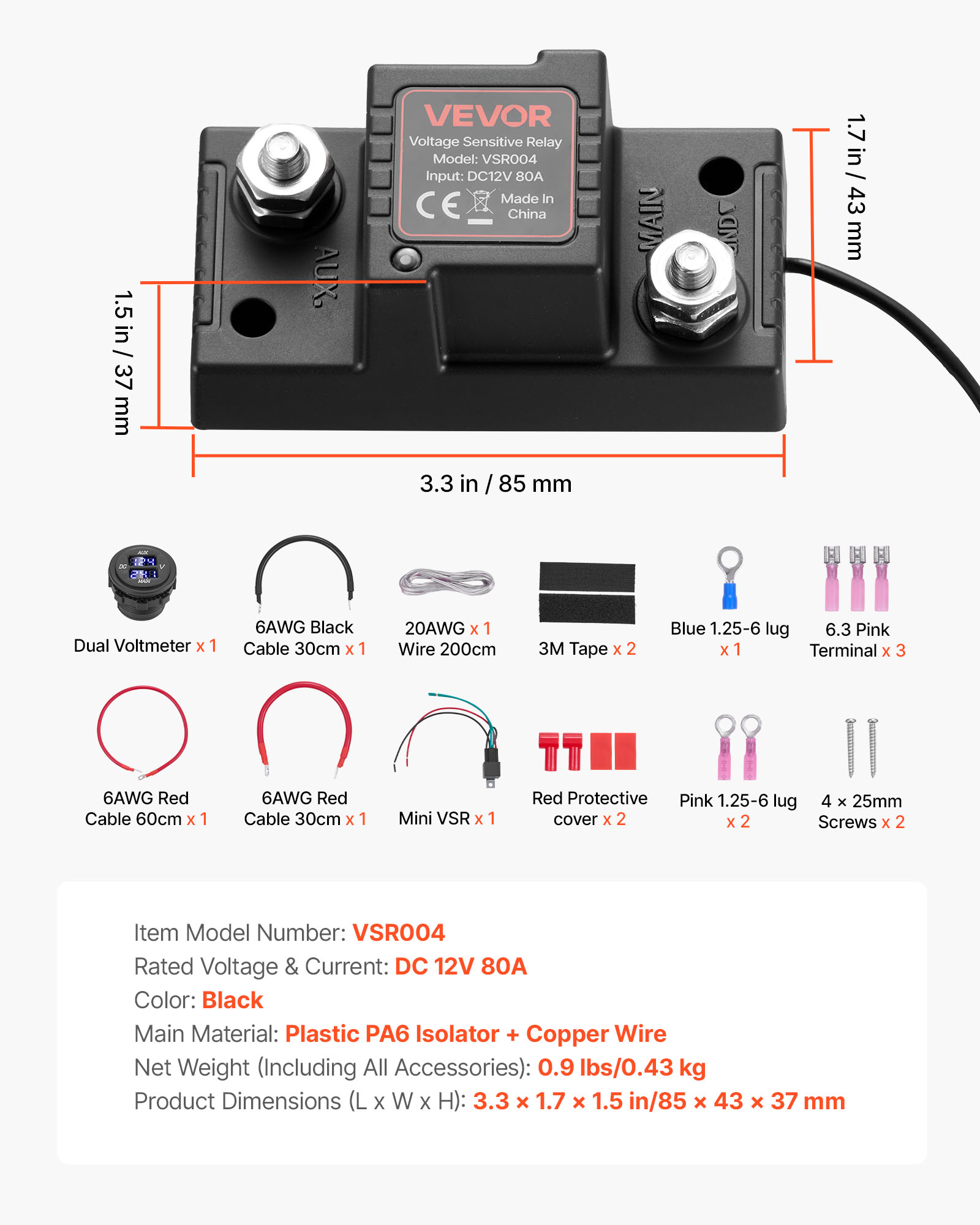 VEVOR Dual Battery Isolator Kit, 12V 80 Amp, Manual and Automatic VSR Voltage Sensitive Relay with Voltmeter, LCD Screen, Smart Battery Isolator, Compatible with Lead-Acid Batteries, for UTV, ATV