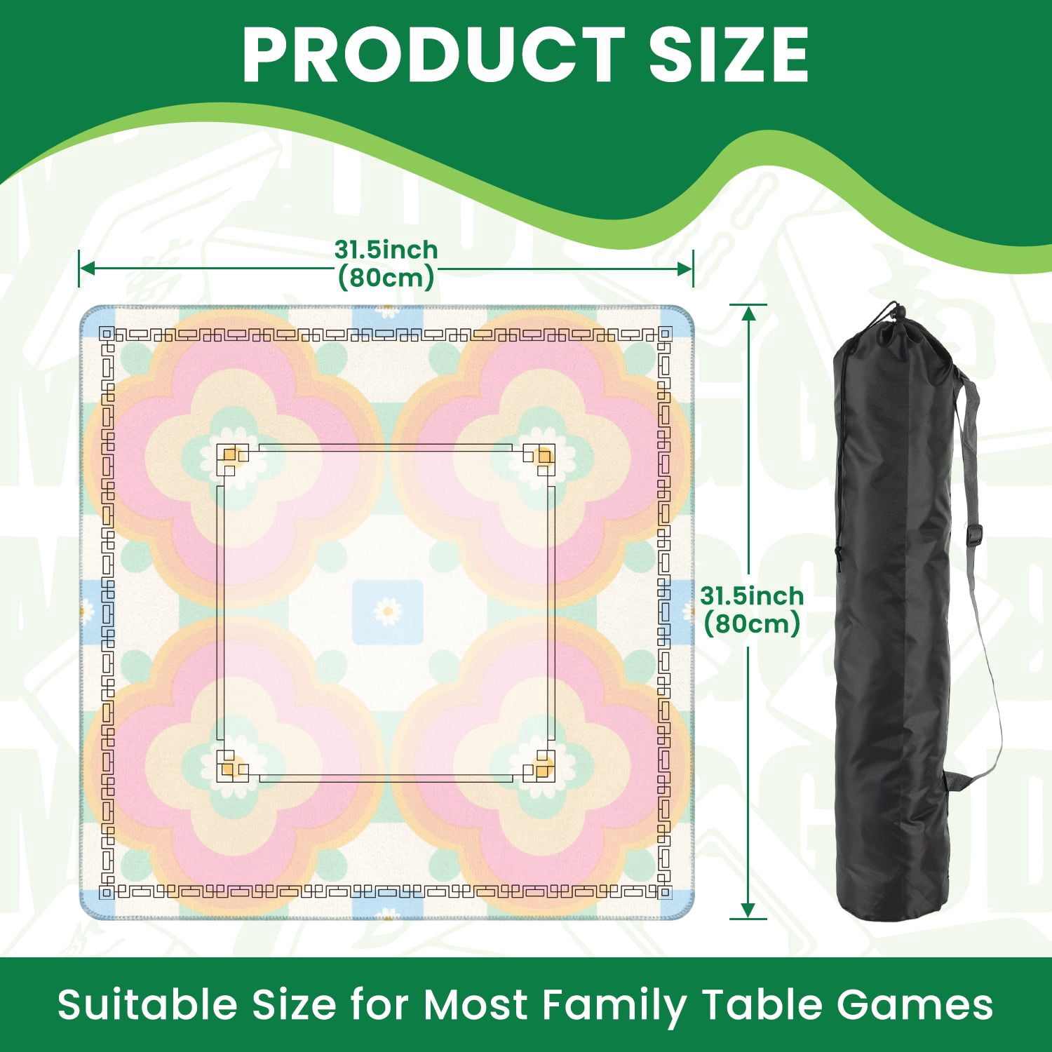 Mahjong Mat 31.5" x 31.5" Pastel Floral Seamless Geometric Retro Design Non-Slip Noise Reduction American Mahjong Tiles Table Cover for Dominoes Poker Card Board Games Gift