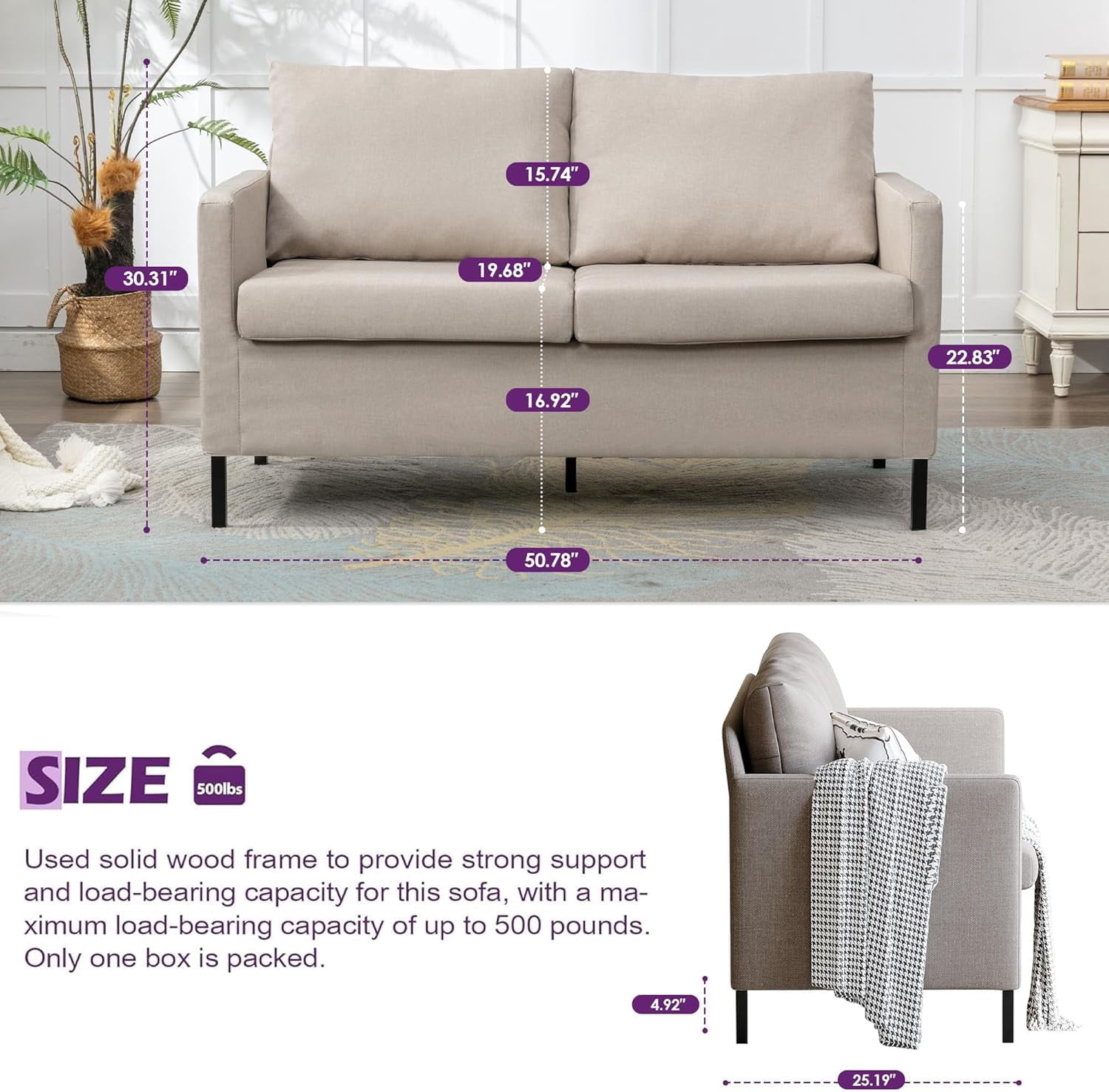 LAZZO 51" Modern Loveseat Sofa, 2-Seater Linen Fabric Couch for Bedroom & Office, Beige