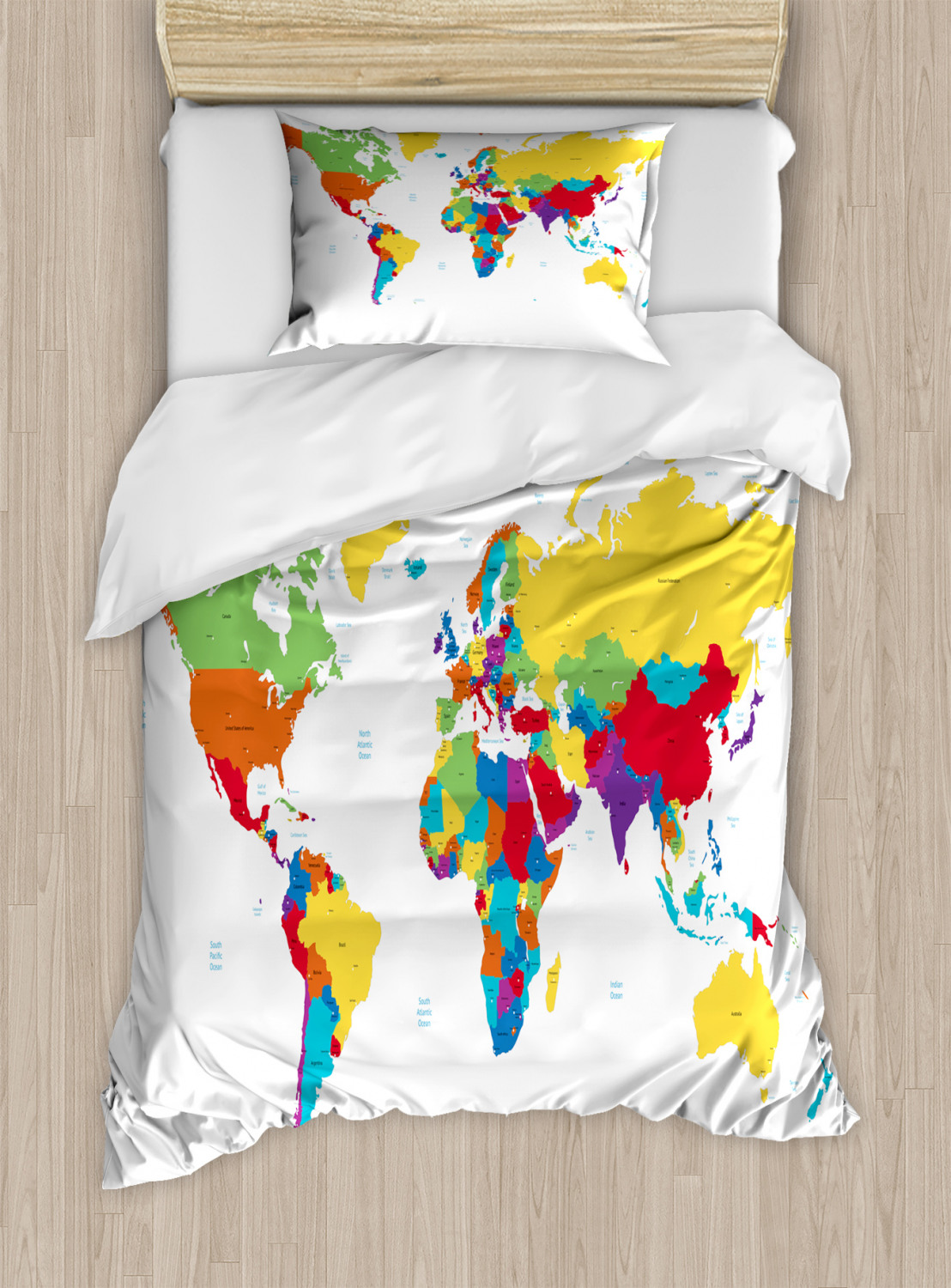 World Map Duvet Cover Set Twin Size, Colorful Detailed Continents ...
