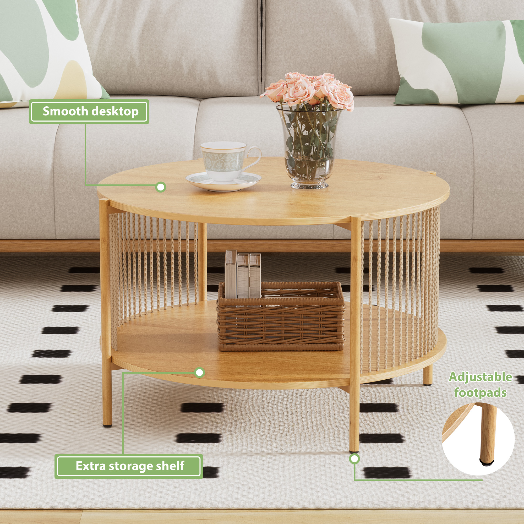 Brafabhome 3-Pieces Coffee Table Set with Hand-Woven Natural Rope, Boho Living Room Table Set with Storage Shelf and Metal Frame, Round Coffee Table & 2 Side Tables for Apartment Home Office
