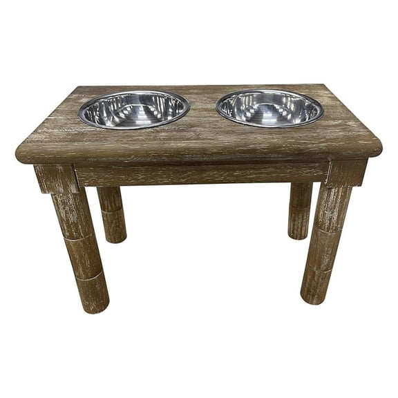 | Adjustable Dog Feeder - 3 Height Levels - Aluminum Bowls - Washed Oak Finish - Farm House Pet Supplies - 16" Tall - 12" Tall - 8" Tall