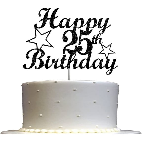 25 Birthday Black Glitter, Cake Topper, 25th Party Decoration Ideas, Sturdy Doubled Sided Glitter, Acrylic Stick. Made in USA