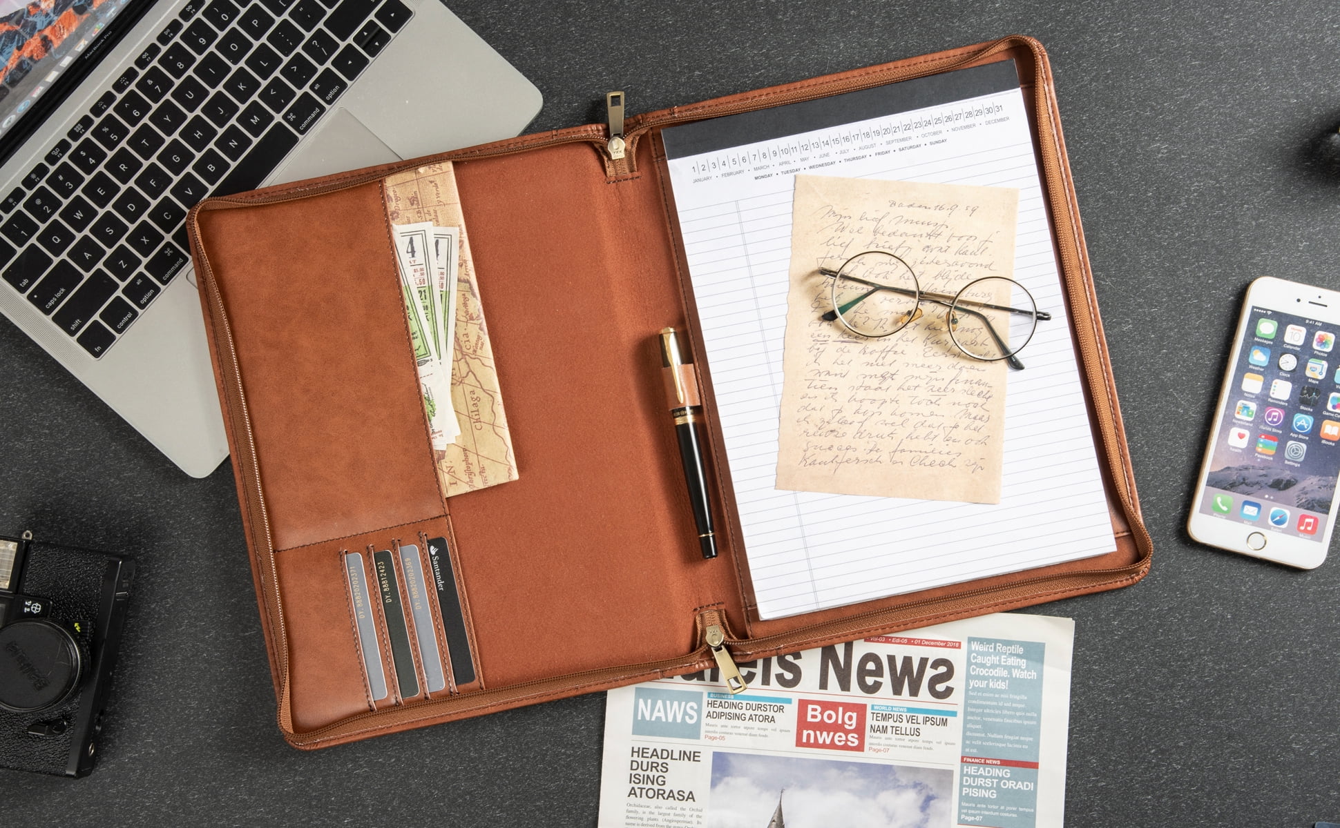 AZXCG Lightweight Slim Padfolio Folder for Women, Interview Resume Legal Document Organizer & Business Card Holder, with A4 Letter-Sized Notepad, Brown Leather Padfolio