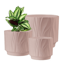 3 Count Ceramic Flower Pots, Beige, Wood Grain, Round