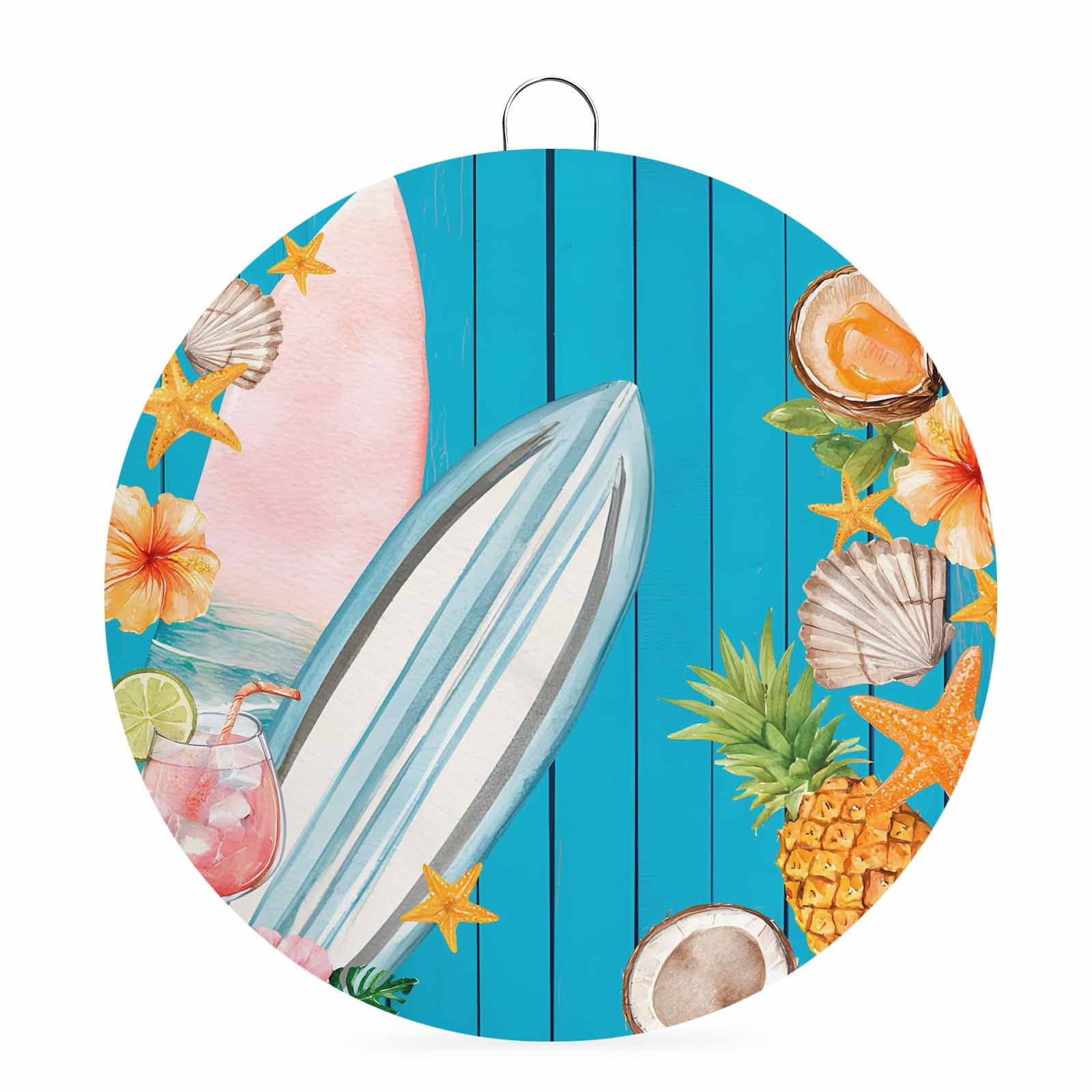 Welcome Sign Front Door Decorations Coastal Beach Round Wall Art Outdoor Metal Wreaths Summer Tropical Plants Ocean Blue Wood Grain Seasonal Hanging Sign for Home Porch Decor Warming Gift 6 In