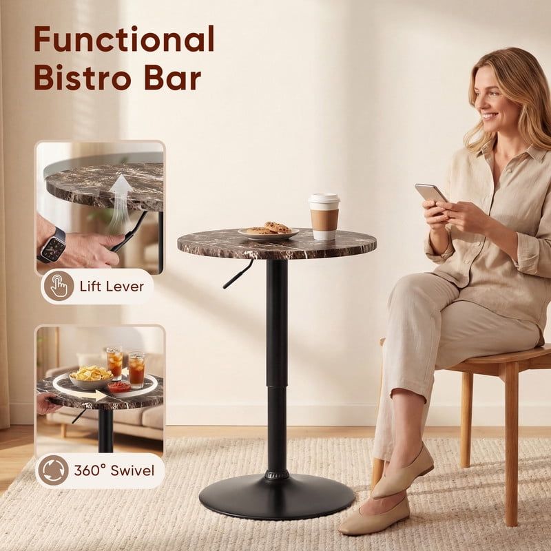Lacoo 2 Pcs 23.6" Adjustable Round Bistro Pub Table, Swivel Pub Table with Metal Base for Home Bar, Kitchen, Dining Room, Faux Marble/Black