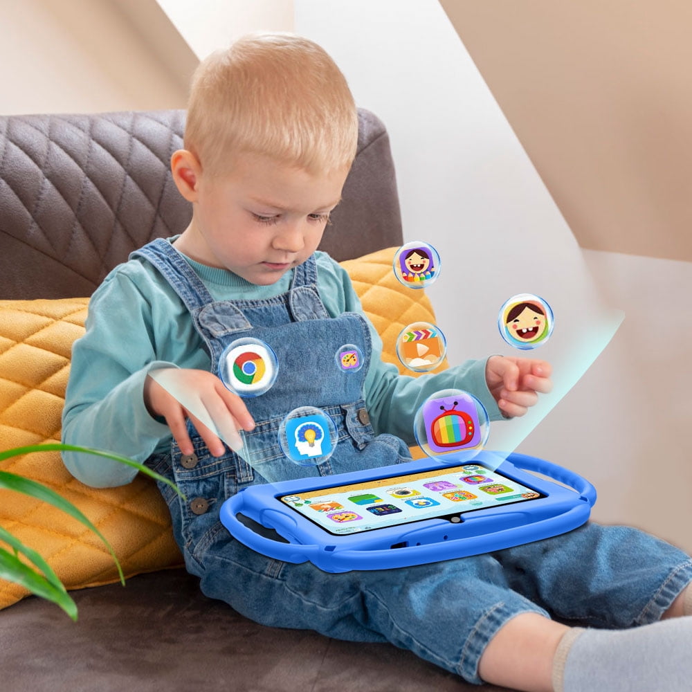 Kids Tablet 7 inch Android for Toddler, 6GB RAM 32GB ROM Bluetooth IPS Screen Parental Control Dual Camera Shockproof Case for Educational Games, (Blue)