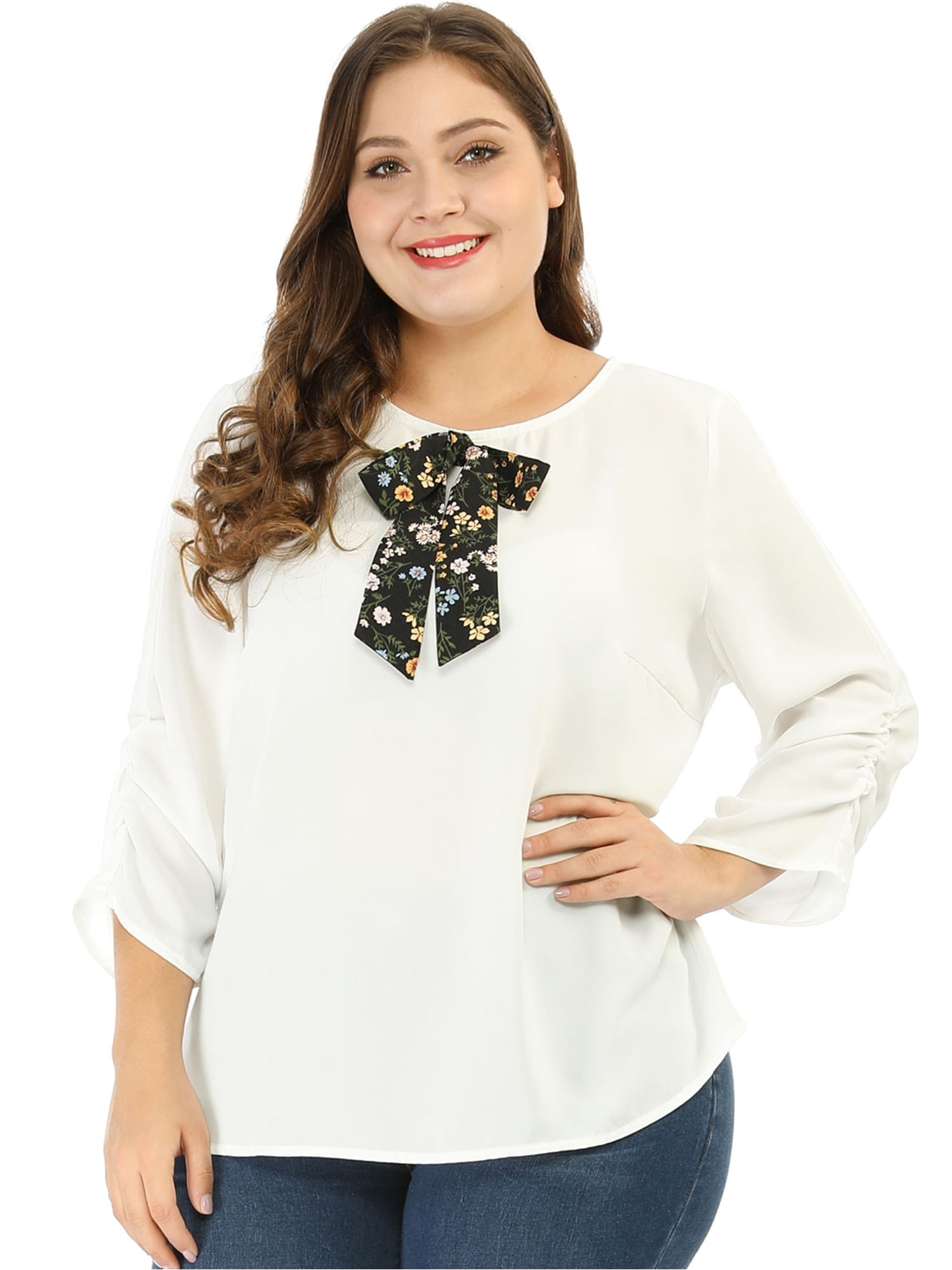 Women's Plus Size 3/4 Ruched Sleeve Round Neck Bow Tie Blouse White ...